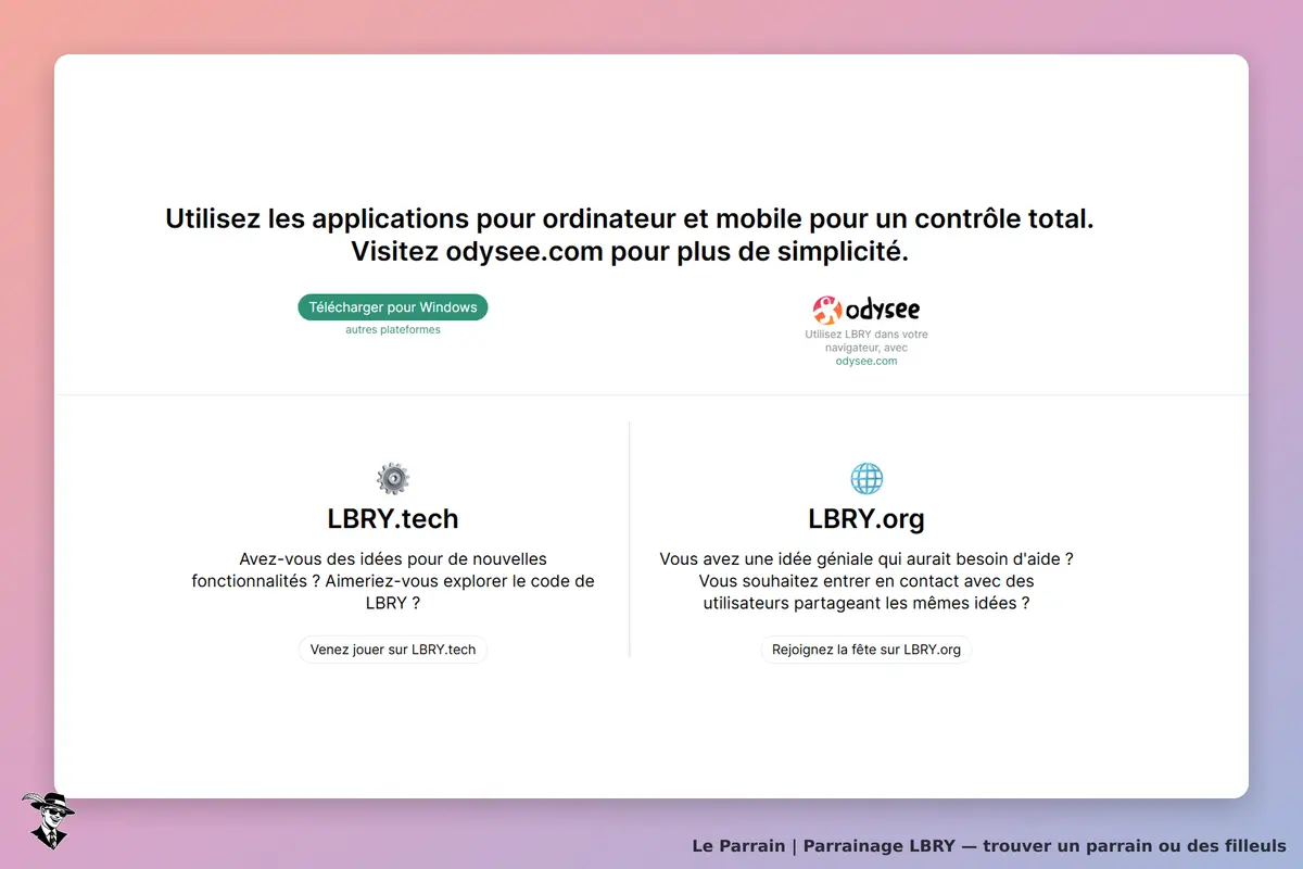 LBRY : page d'accueil avec options de téléchargement et liens vers LBRY.tech et LBRY.org