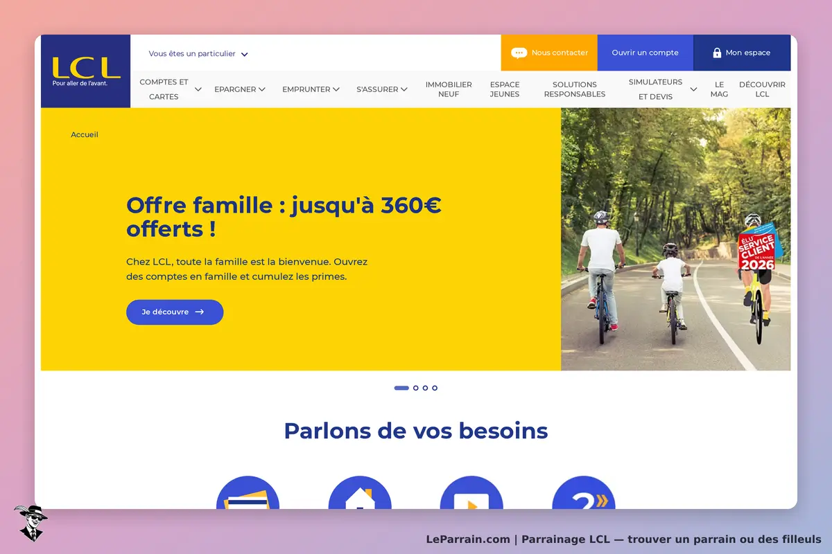 Page d'accueil LCL avec offre familiale et cyclistes sur une route en pleine nature.