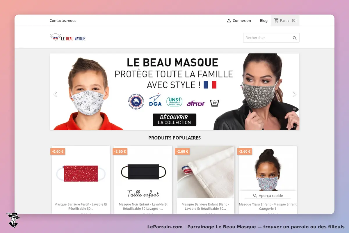 Le Beau Masque : page d'accueil avec des masques et un slogan sur la protection familiale