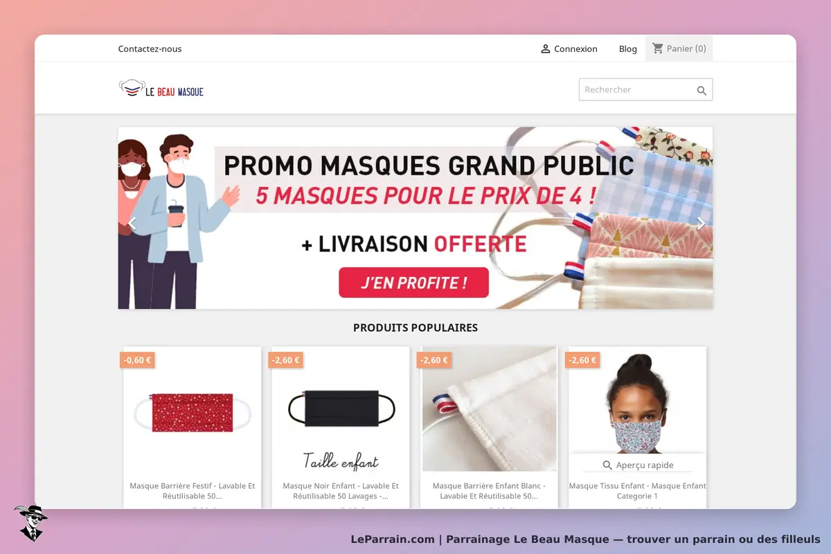 Le Beau Masque : page d'accueil présentant des masques et une promotion sur les produits