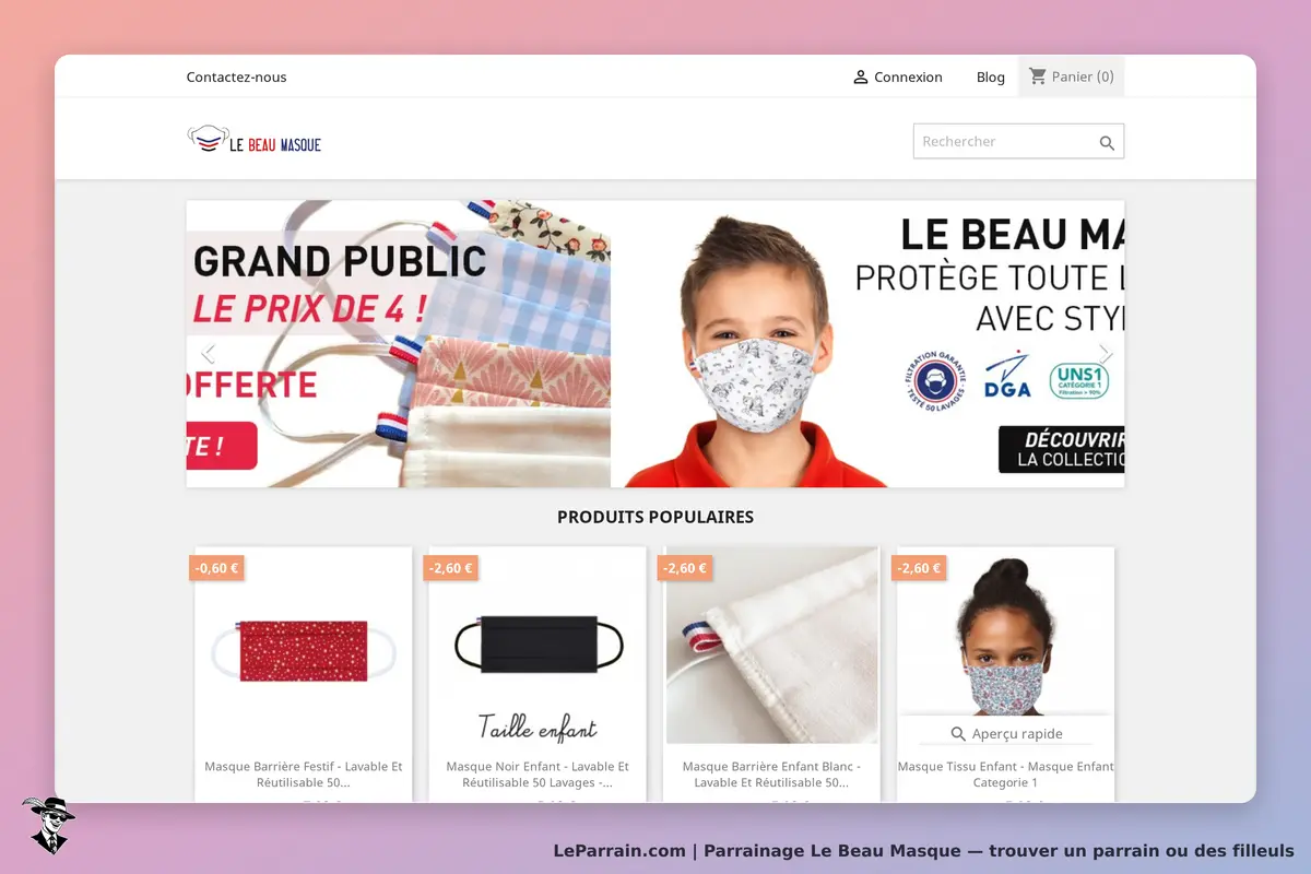 Le Beau Masque : page d'accueil avec masques et promotions visibles, produits populaires affichés