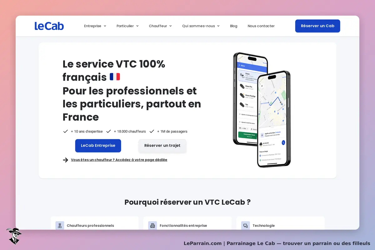 Le Cab : leCab : page d'accueil présentant le service VTC avec deux smartphones et options de