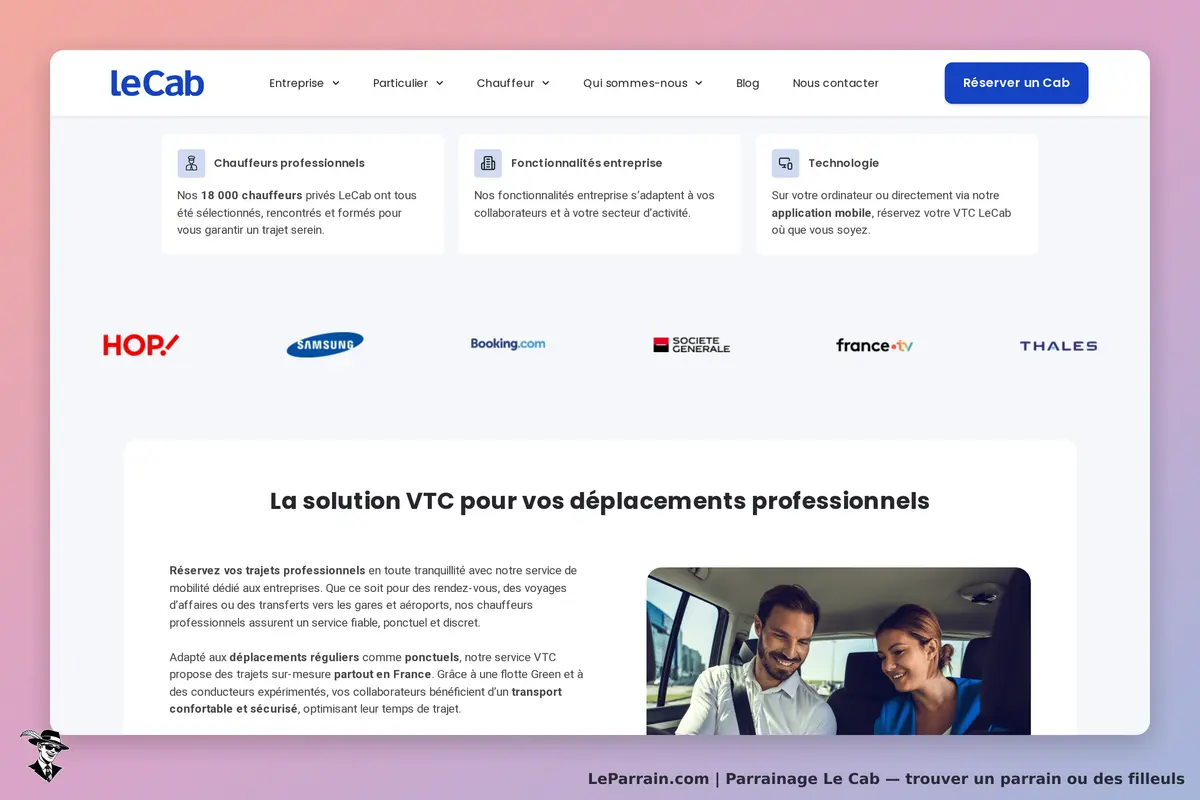 Le Cab : leCab : page d'accueil présentant le service VTC avec logos partenaires et image d'un