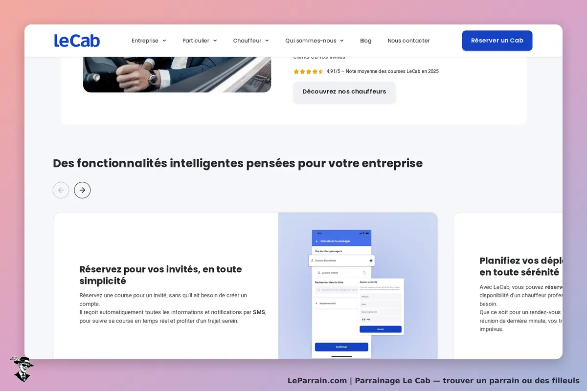 Le Cab : leCab : page d'accueil présentant des fonctionnalités pour réserver un trajet facilement