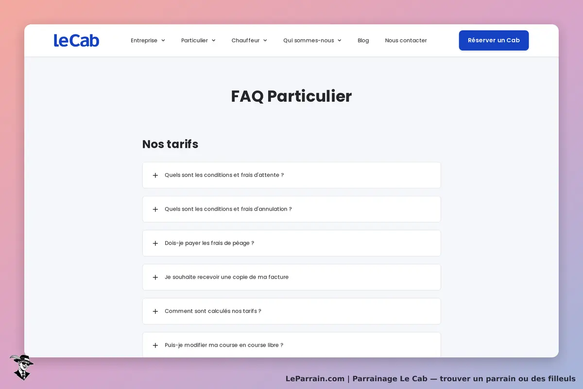 Le Cab : leCab : page FAQ avec des questions sur les tarifs et conditions de service