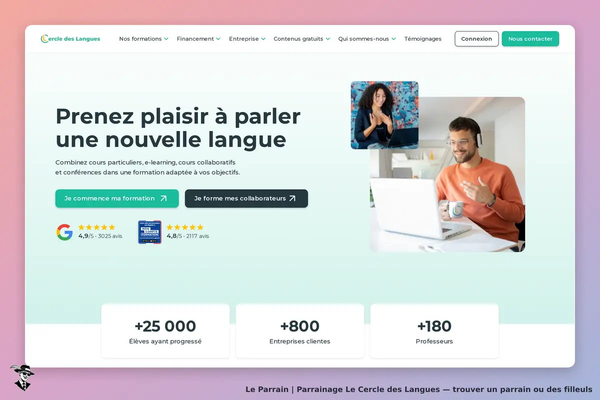 Le Cercle des Langues : page d'accueil avec un homme et une femme en visioconférence