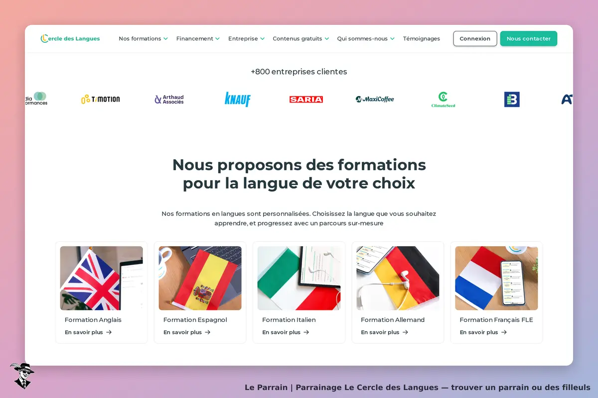 Le Cercle des Langues : page d'accueil avec formations linguistiques et drapeaux des langues