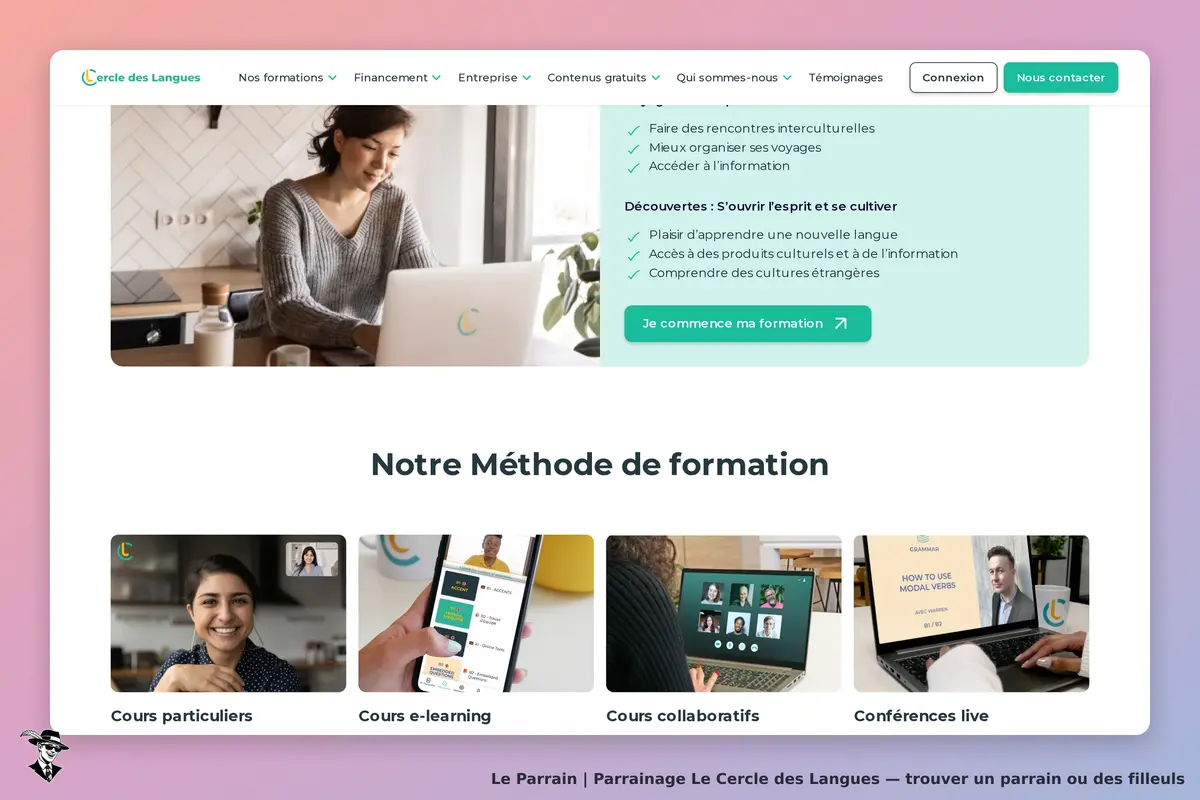 Le Cercle des Langues : page d'accueil avec méthode de formation et images de cours en ligne