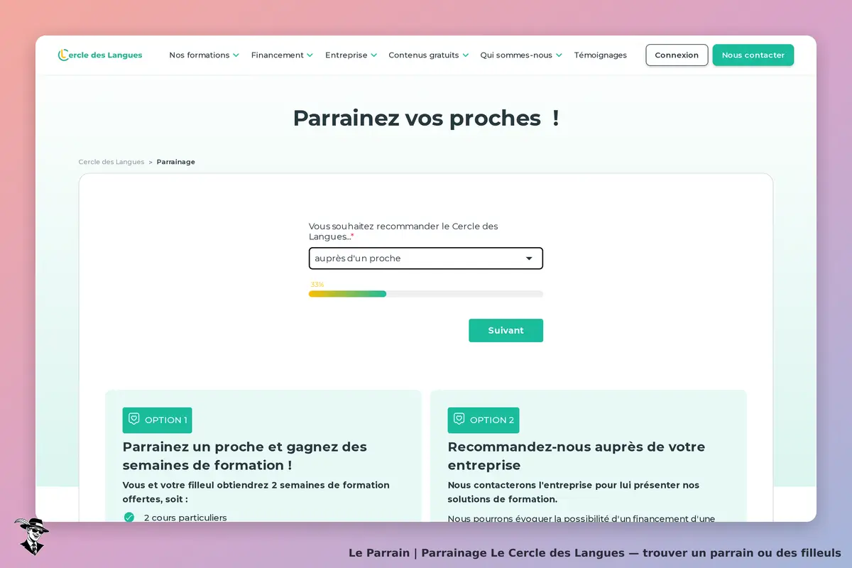 Le Cercle des Langues : cercle des Langues : page de parrainage avec formulaire et deux options de