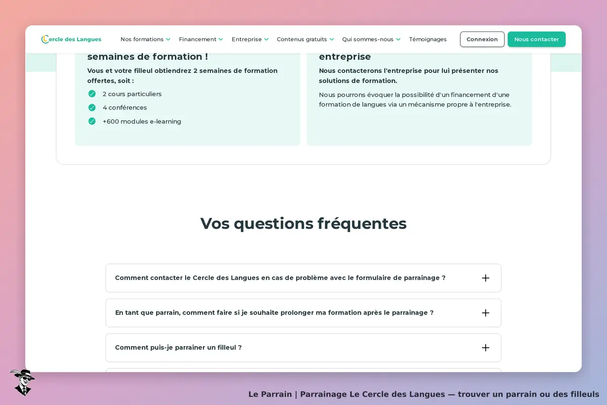 Le Cercle des Langues : section FAQ avec questions sur le parrainage et contact