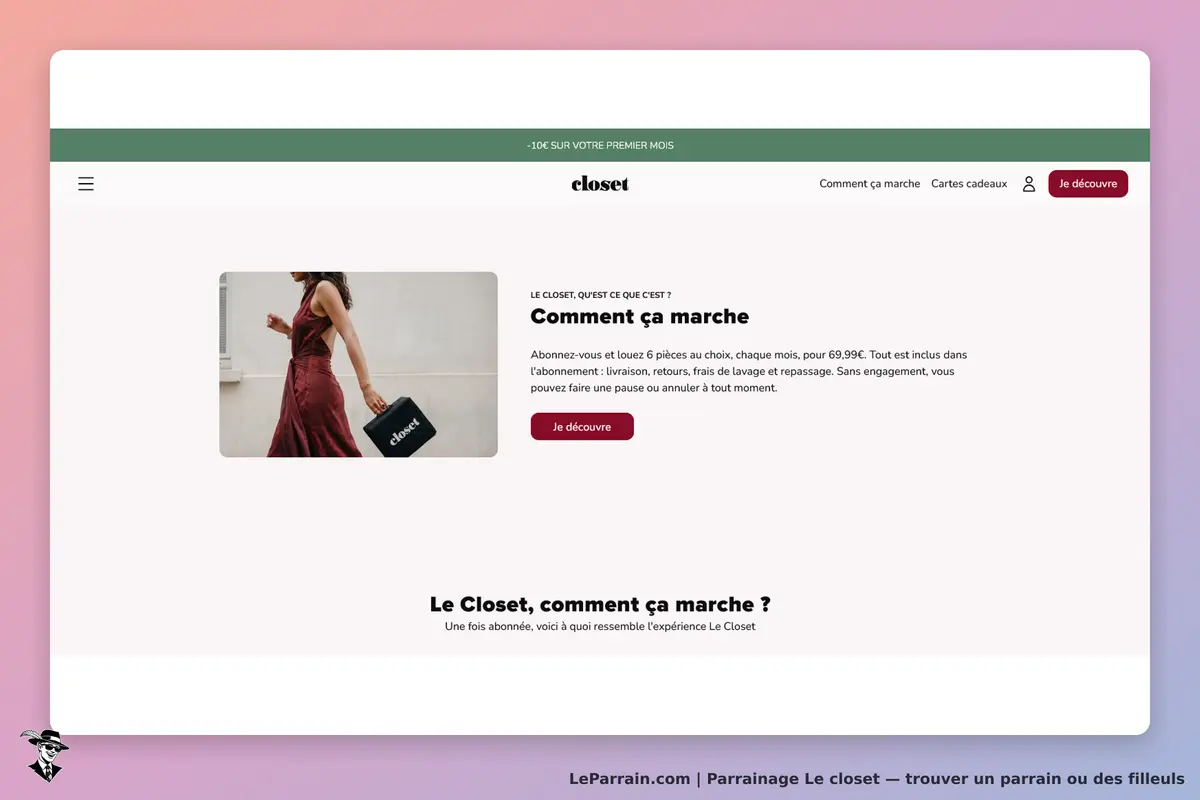Le closet : page d'accueil présentant un modèle en robe rouge avec un sac à main noir
