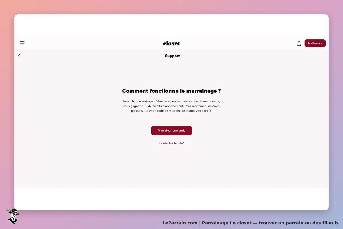 Le closet : page d'aide sur le fonctionnement du parrainage avec boutons d'action