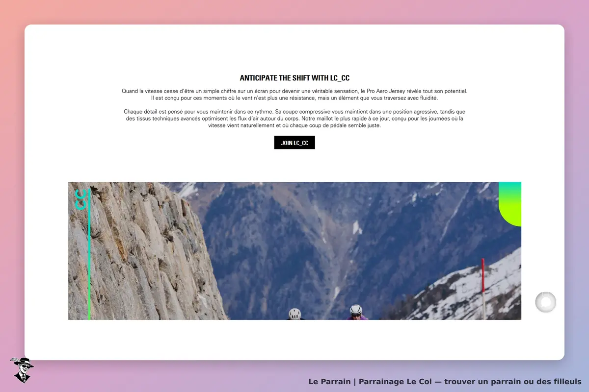 Le Col : page d'accueil présentant un maillot de cyclisme et des montagnes en arrière-plan