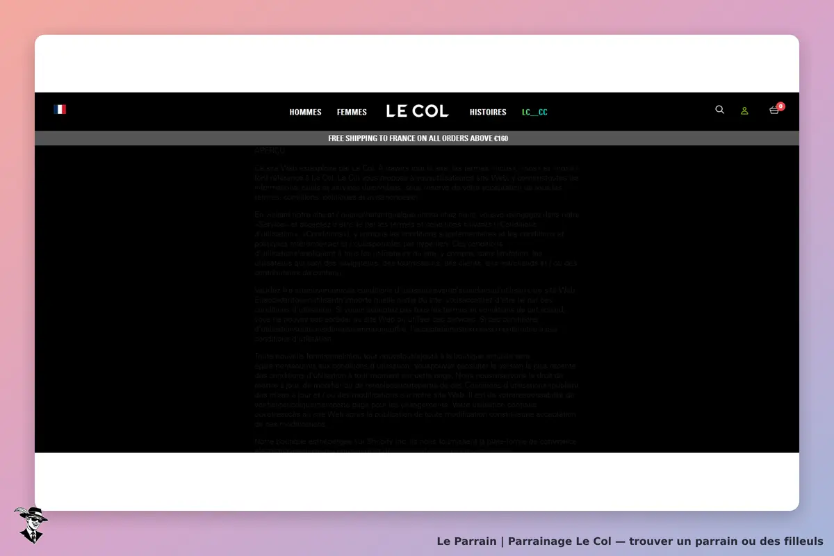 Le Col : page d'accueil avec texte sur l'entreprise et navigation en haut de l'écran