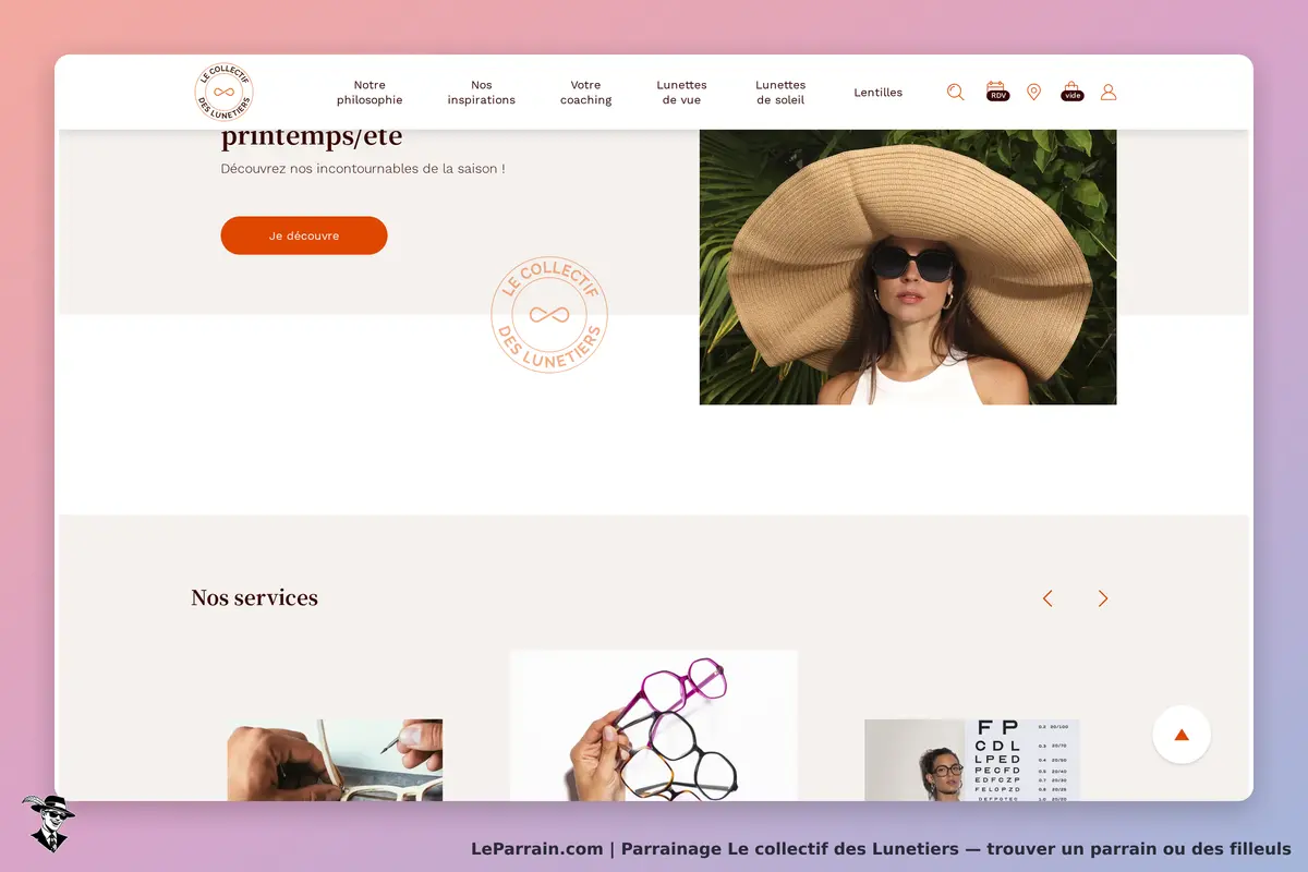 Le collectif des Lunetiers : page d'accueil avec modèle portant des lunettes et un grand chapeau