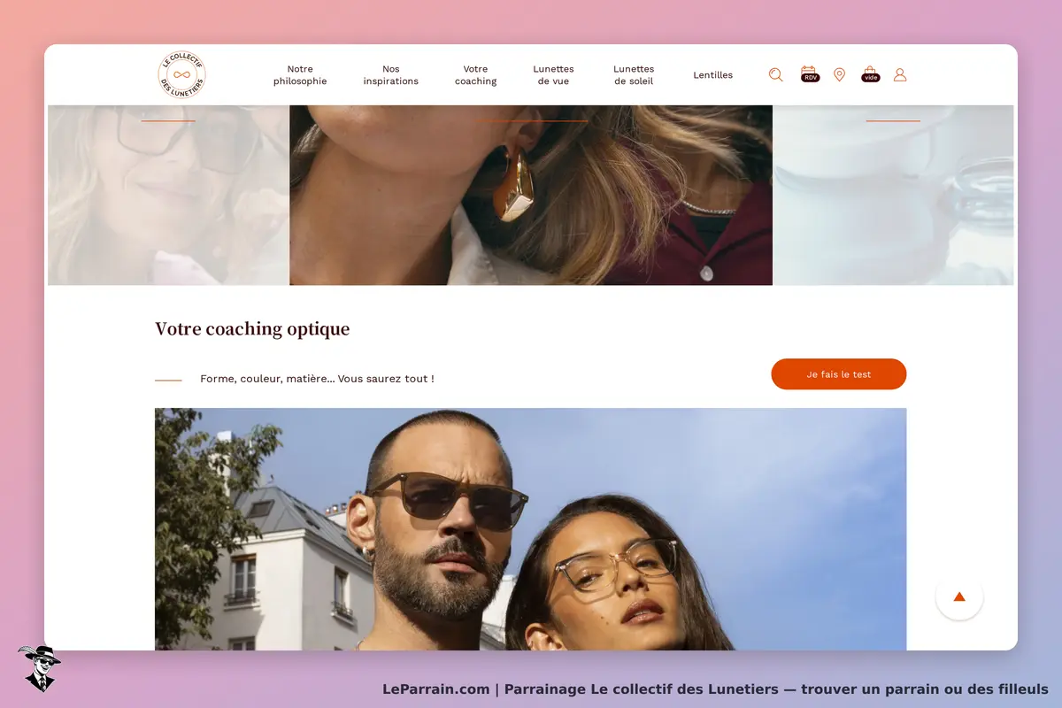 Le collectif des Lunetiers : page d'accueil avec images de lunettes et coaching optique