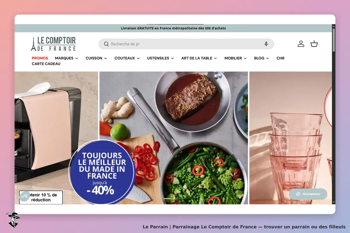 Le Comptoir de France : page d'accueil avec produits culinaires et promotions affichées