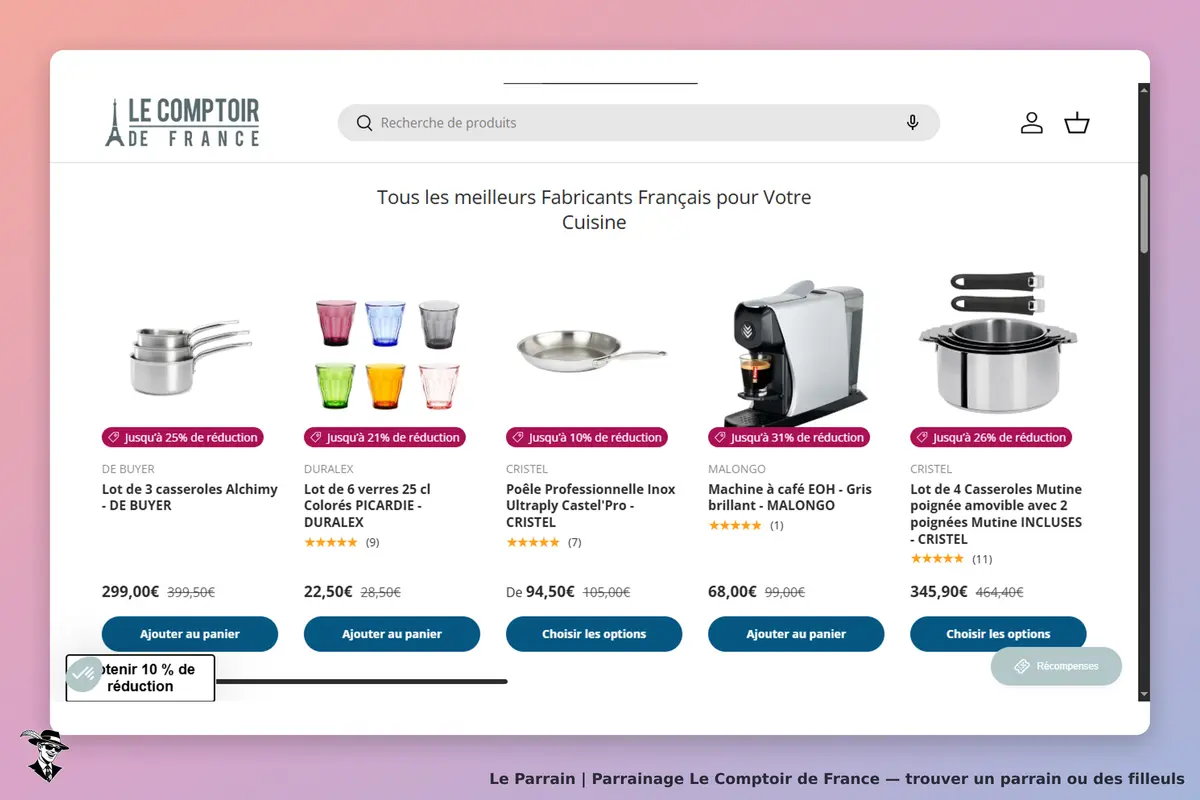 Le Comptoir de France : page d'accueil avec divers produits de cuisine et options d'ajout au panier