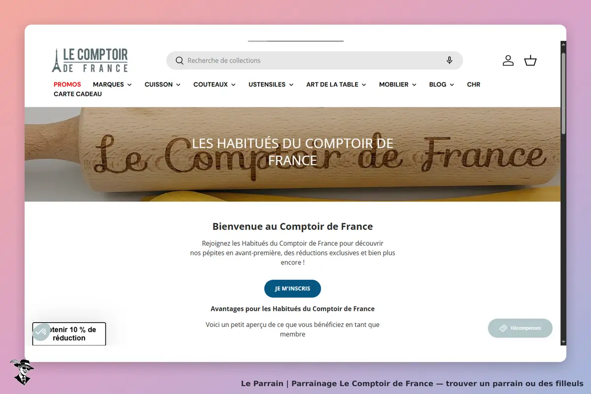 Le Comptoir de France : page d'accueil avec un rouleau à pâtisserie et un message de bienvenue