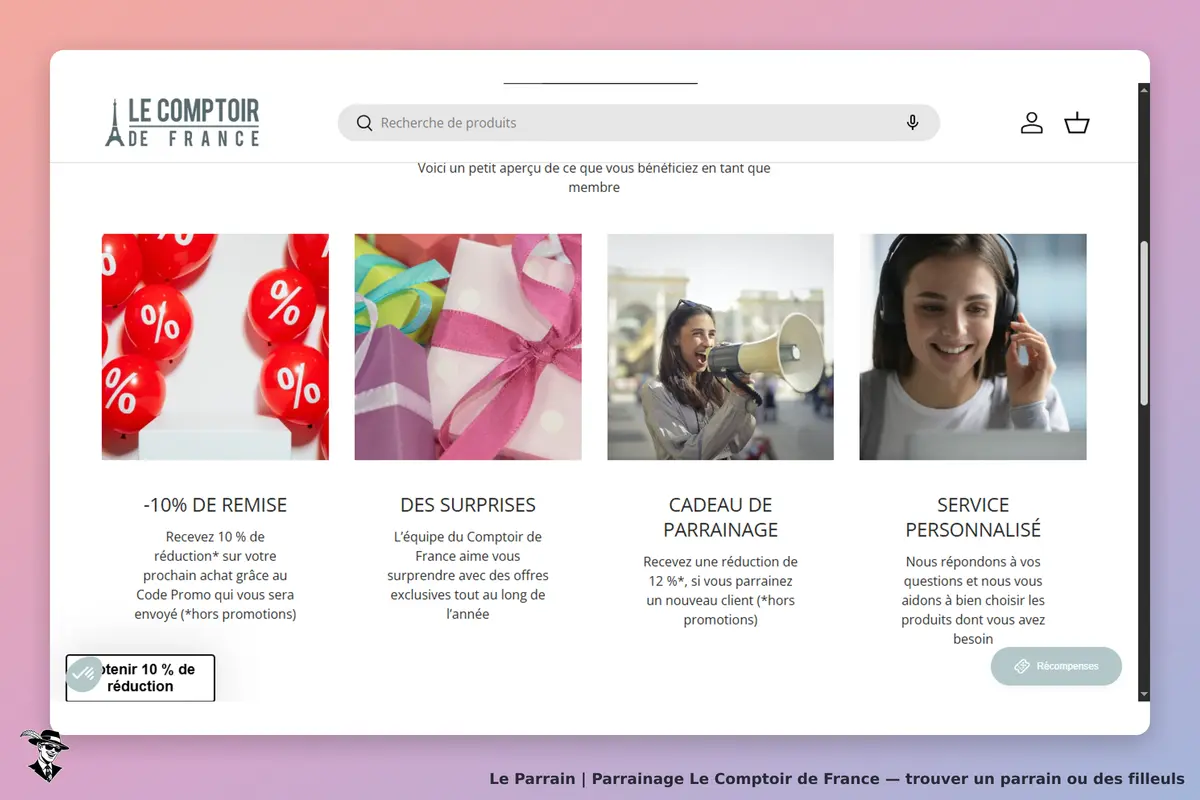 Le Comptoir de France : aperçu des avantages pour les membres avec visuels colorés et texte