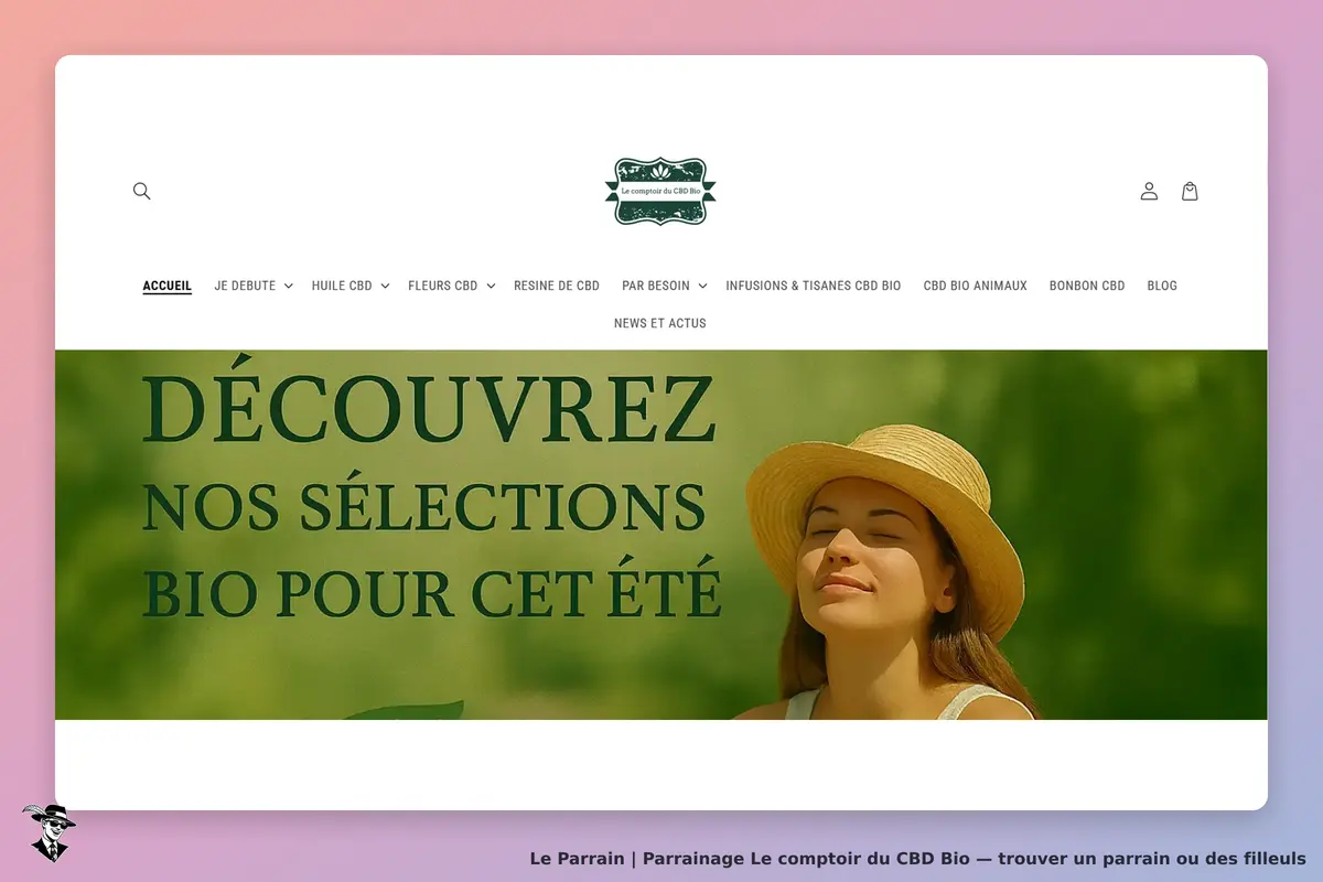 Le comptoir du CBD Bio : page d'accueil avec un message sur des sélections bio pour l'été