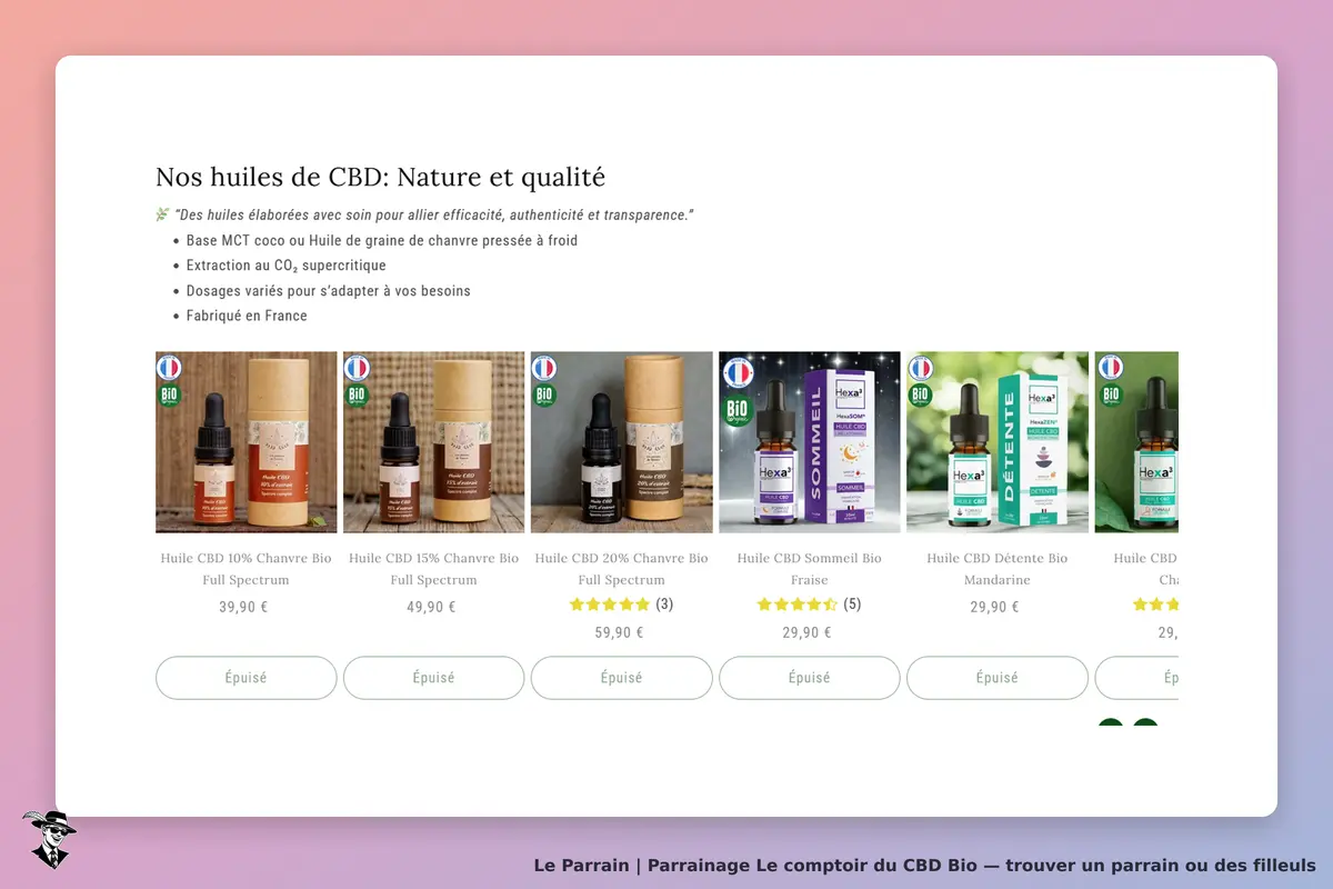 Le comptoir du CBD Bio : présentation des huiles de CBD avec descriptions et prix