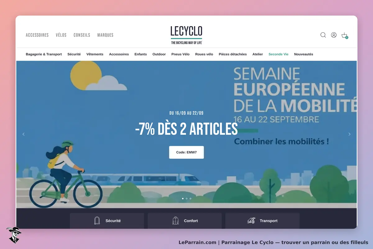 Le Cyclo : page d'accueil avec un cycliste et une promotion sur la mobilité