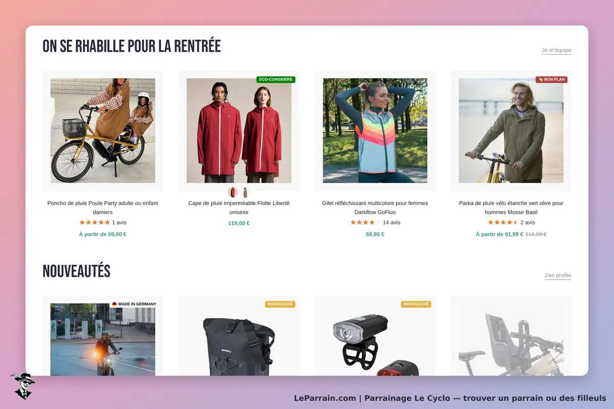 Le Cyclo : sélection de vêtements de pluie et accessoires pour cyclistes sur la page d'accueil