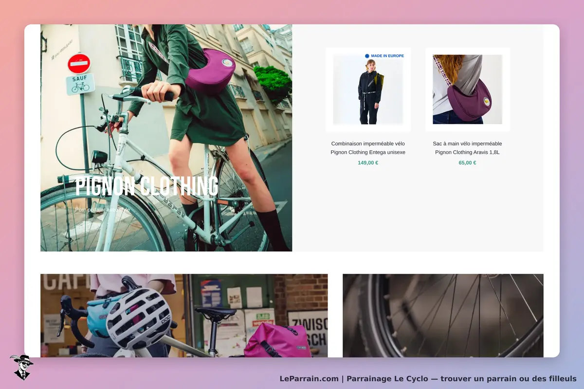 Le Cyclo : page d'accueil avec vêtements et accessoires de vélo, images de produits et cycliste