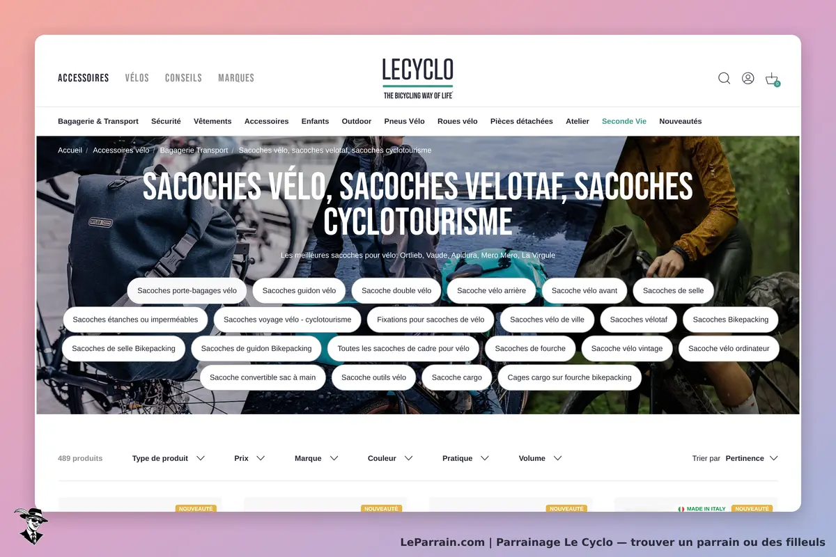 Le Cyclo : page catégorie avec des sacoches de vélo et options de filtres affichées