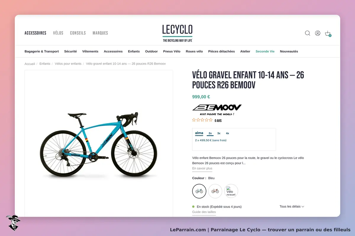 Le Cyclo : vélo gravel enfant de 10-14 ans, couleur bleue, affiché sur une page produit