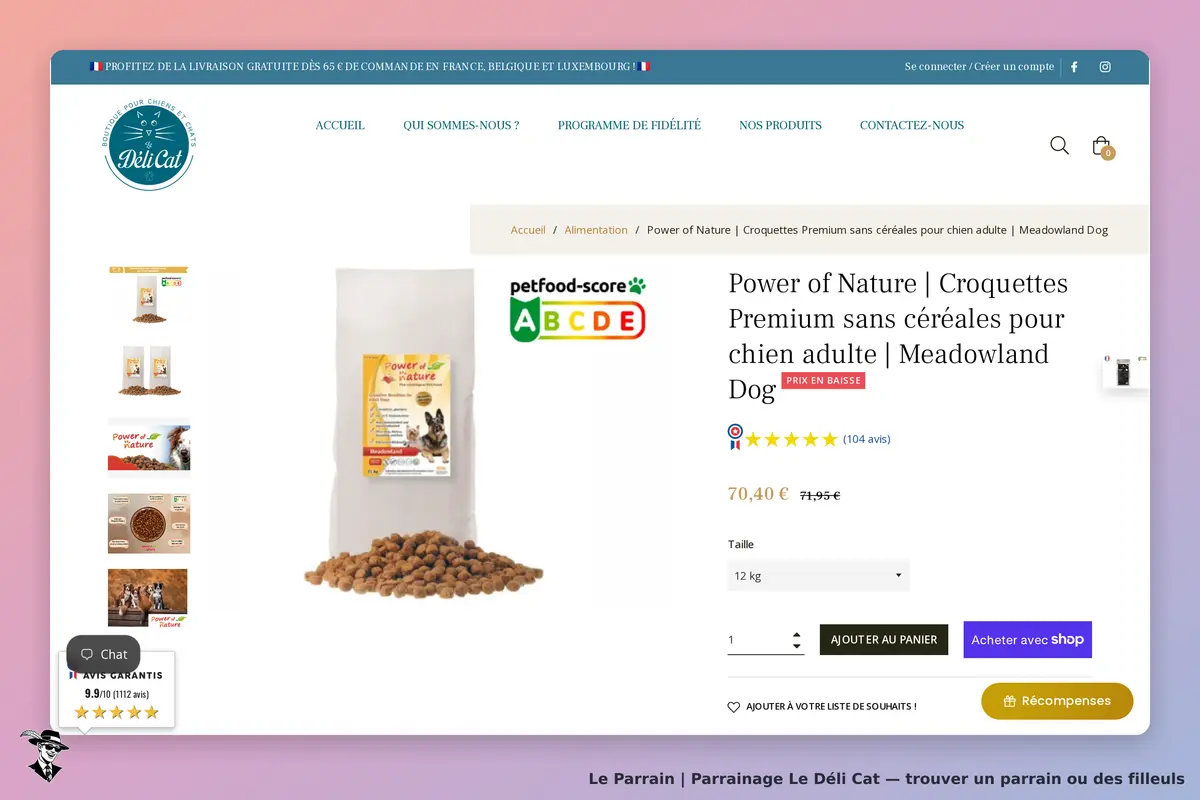 Le Déli Cat : page produit avec croquettes pour chien et informations sur le produit