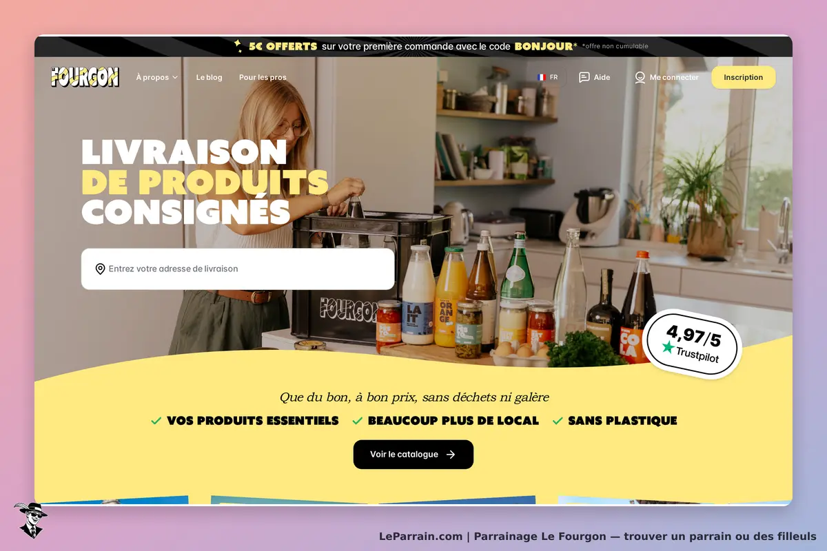Le Fourgon : page d'accueil avec produits consignés et formulaire d'adresse de livraison