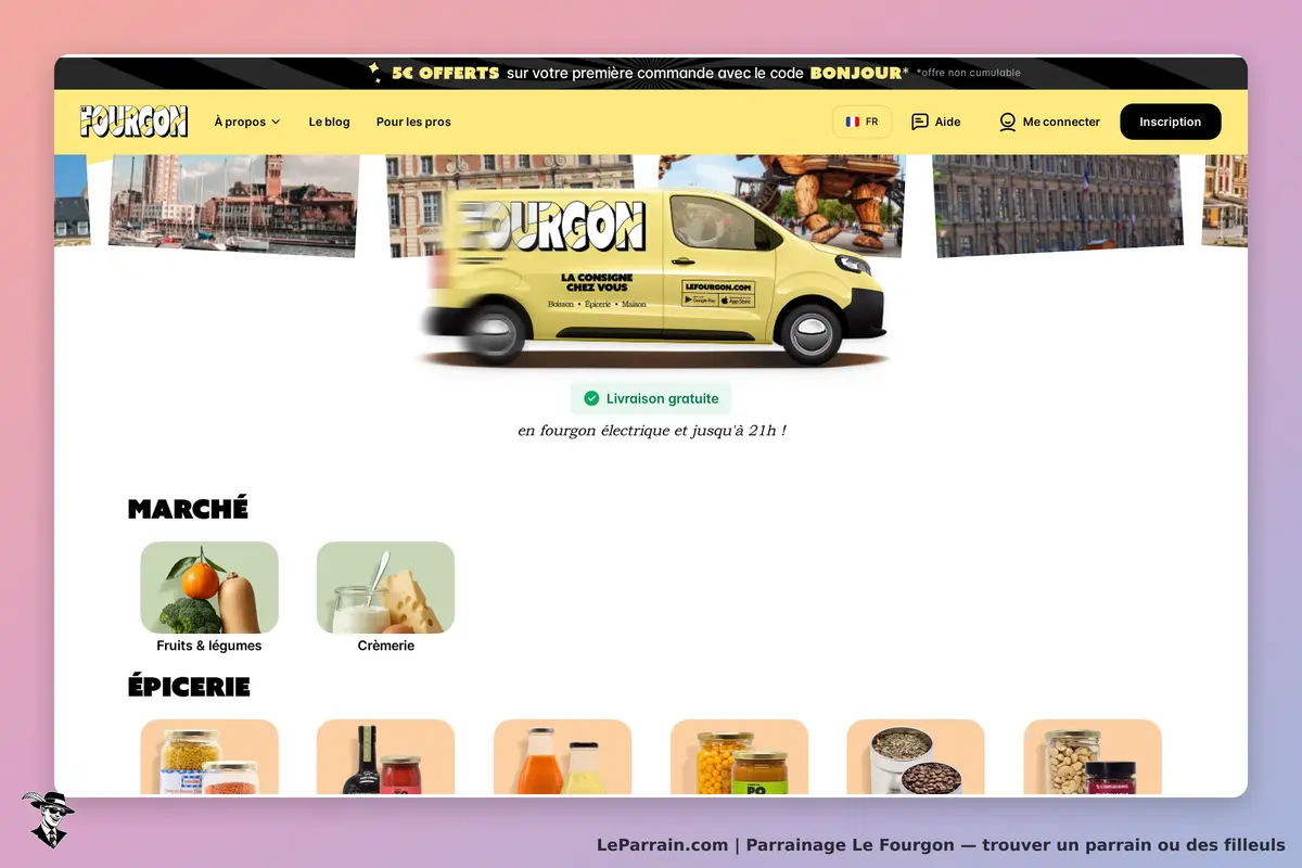 Le Fourgon : fourgon : page d'accueil avec un fourgon jaune et des catégories de produits