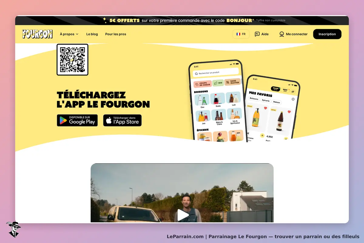 Le Fourgon : page d'accueil avec QR code et options de téléchargement de l'application mobile