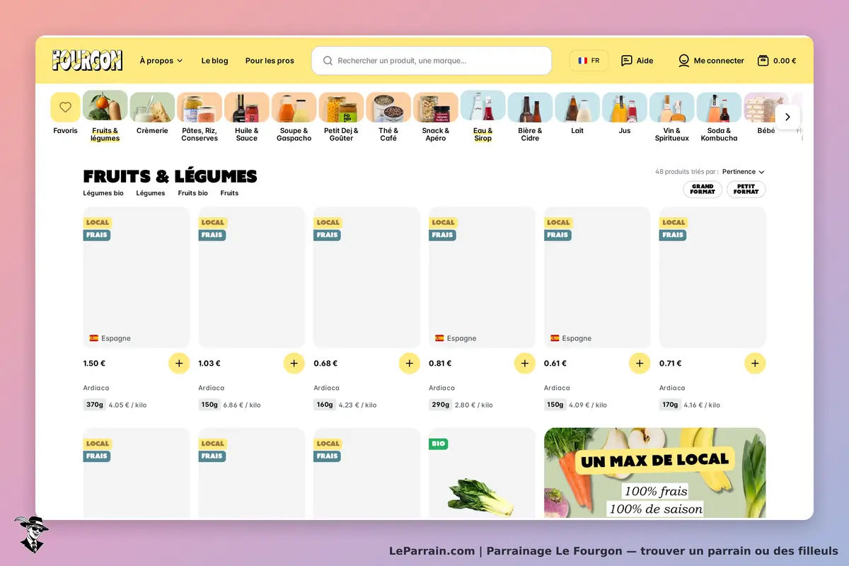 Le Fourgon : catégorie "Fruits & Légumes" avec produits locaux et bio affichés