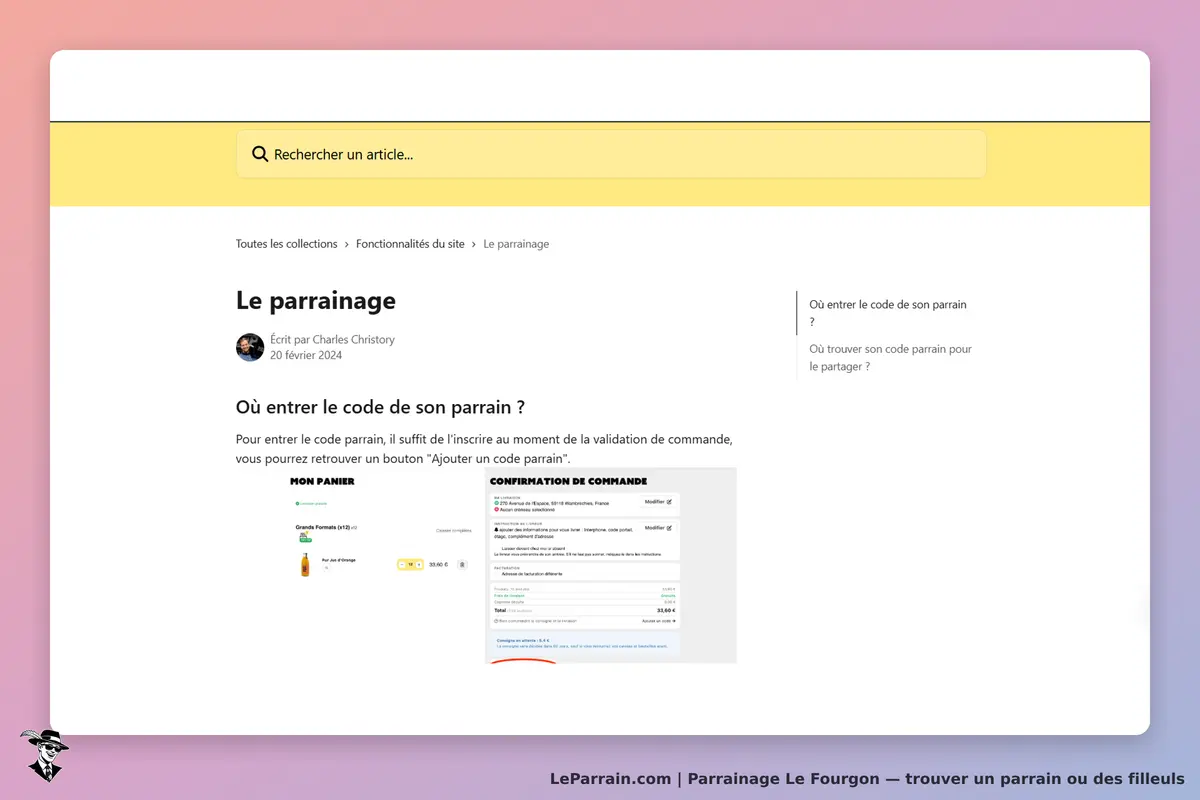 Le Fourgon : page sur le parrainage avec explications et captures d'écran de formulaires