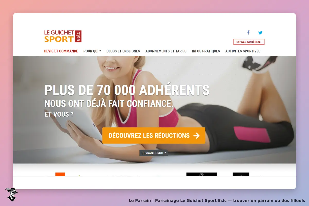 Le Guichet Sport Eslc : page d'accueil avec une femme utilisant une tablette et un message