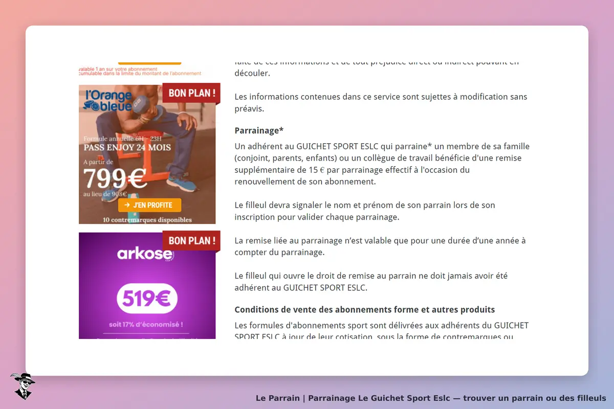 Le Guichet Sport Eslc : page d'accueil avec offres de parrainage et informations sur les