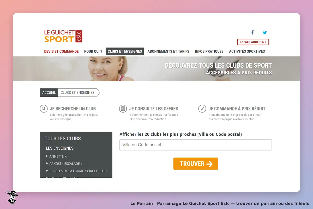 Le Guichet Sport Eslc : page d'accueil avec formulaire de recherche de clubs de sport