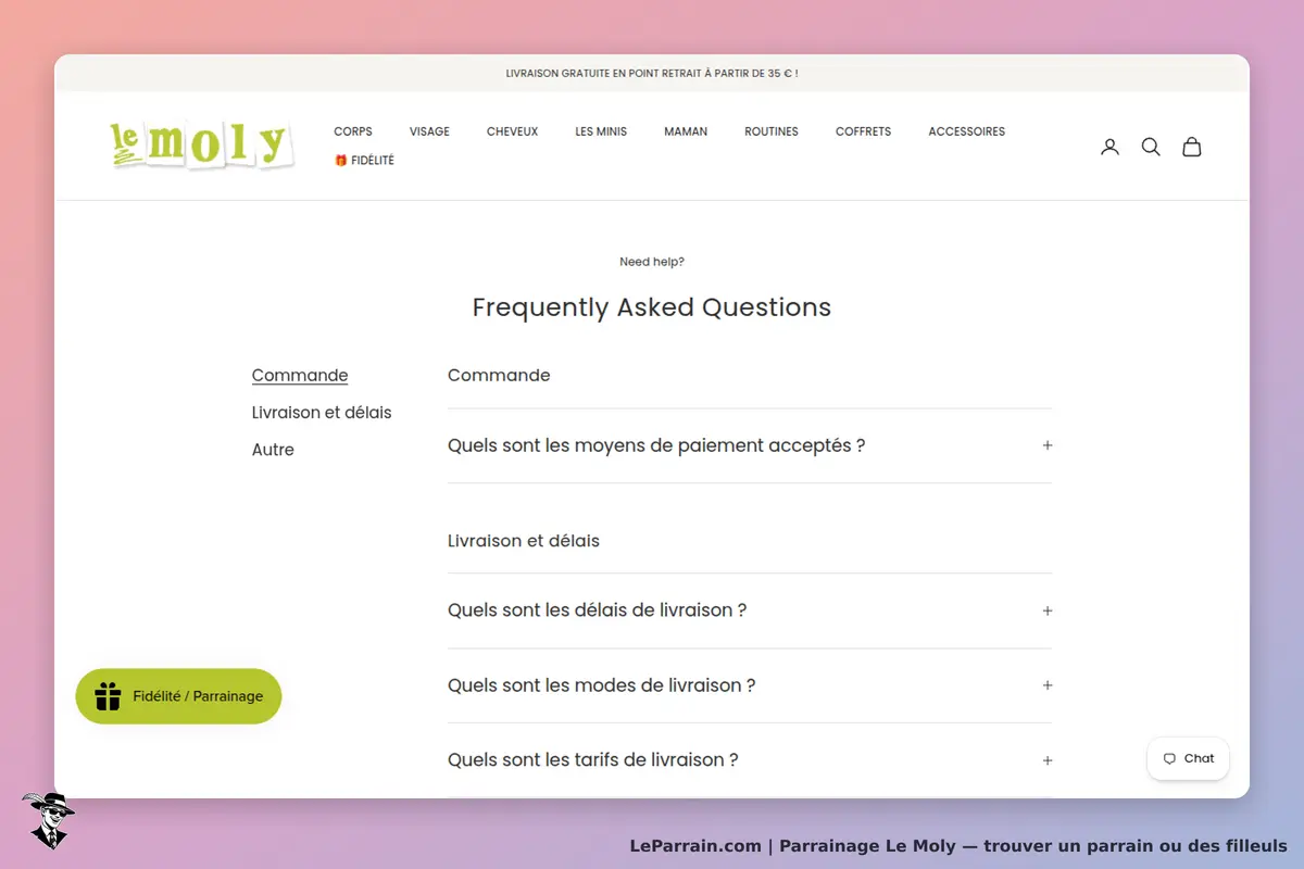 Le Moly : page des questions fréquentes avec options de commande et livraison