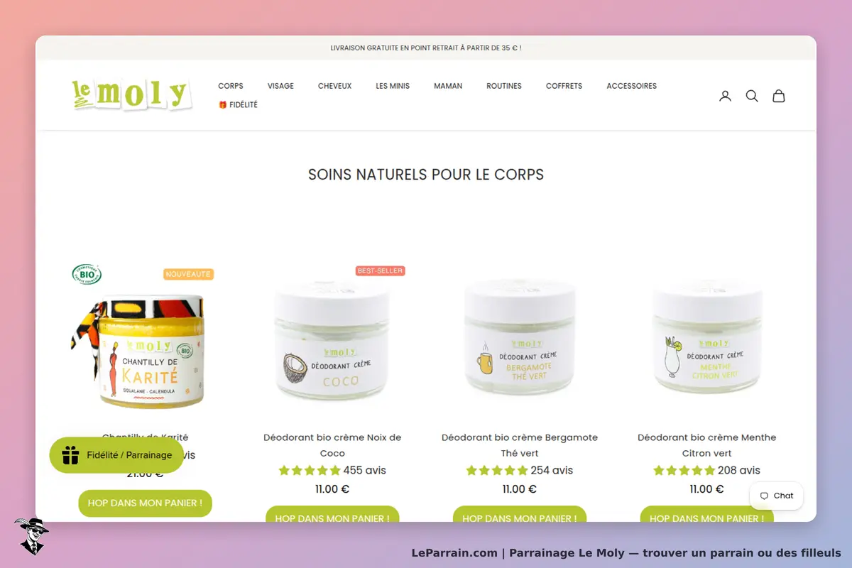 Le Moly : page d'accueil avec produits de soins naturels pour le corps affichés