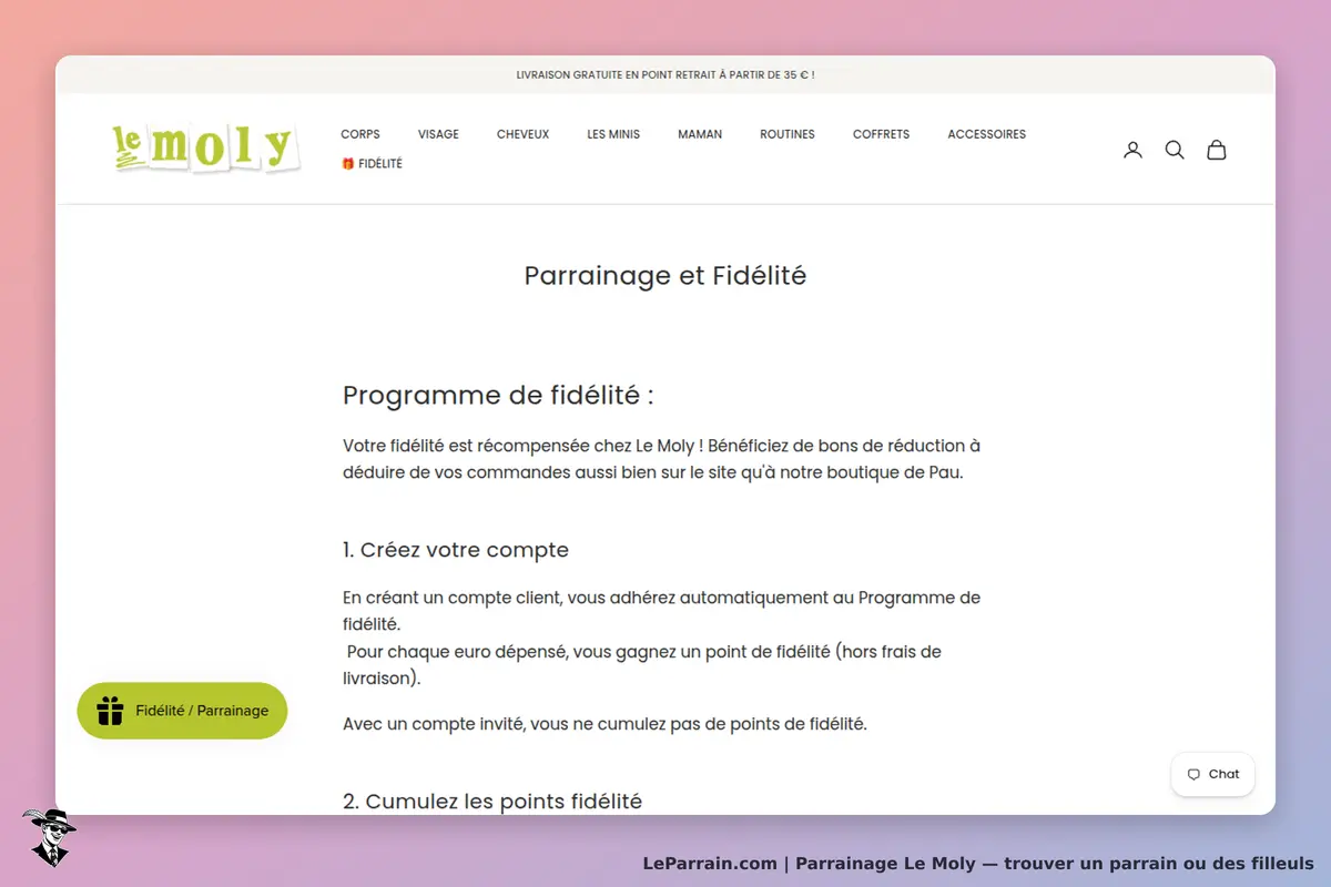 Le Moly : page sur le programme de fidélité avec étapes et informations sur la création de compte