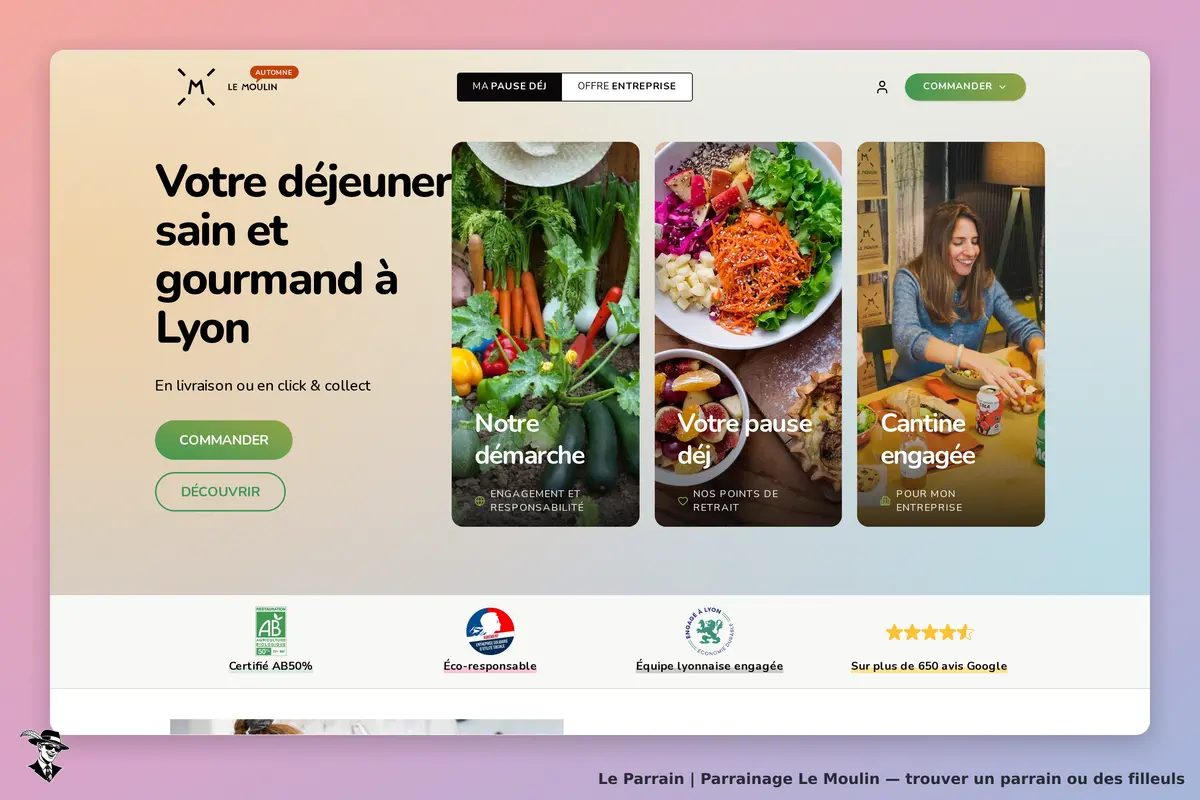 Le Moulin : page d'accueil avec options de commande et présentation des services proposés