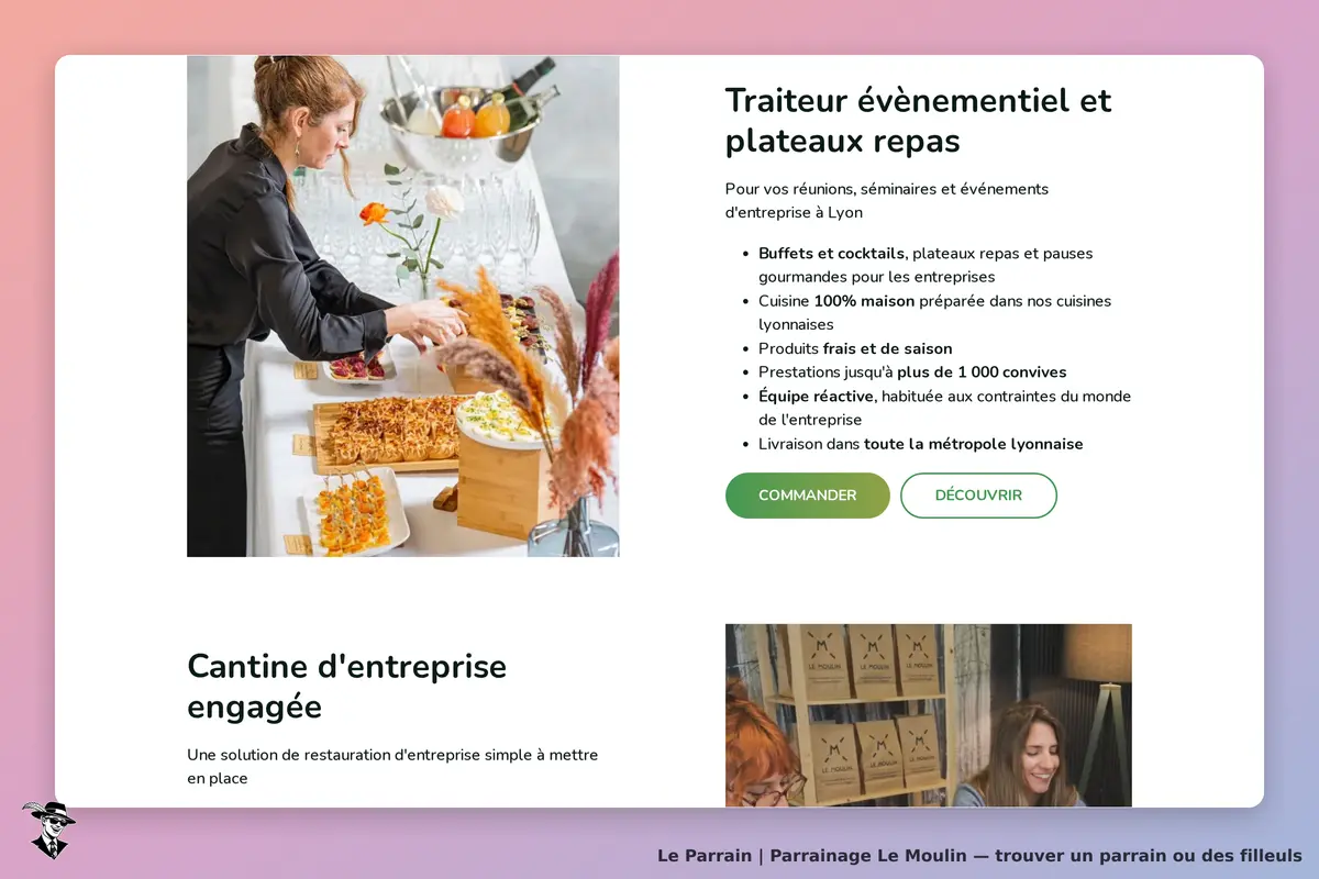 Le Moulin : présentation d'un traiteur avec buffet et plats sur une table, femme en action