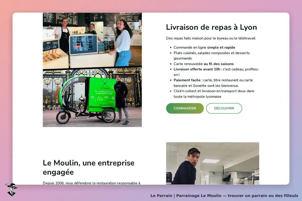 Le Moulin : page d'accueil avec informations sur la livraison de repas à Lyon et images de l'équipe