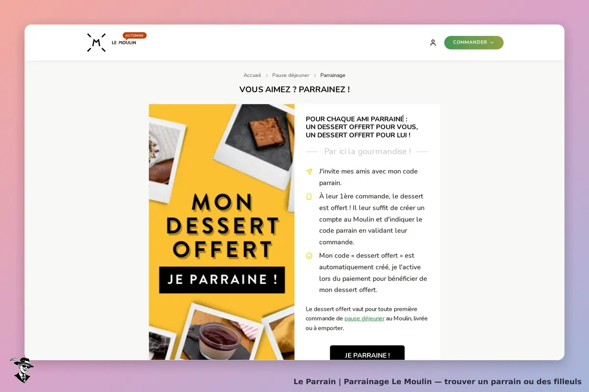 Le Moulin : page de parrainage avec un visuel de desserts et instructions pour parrainer