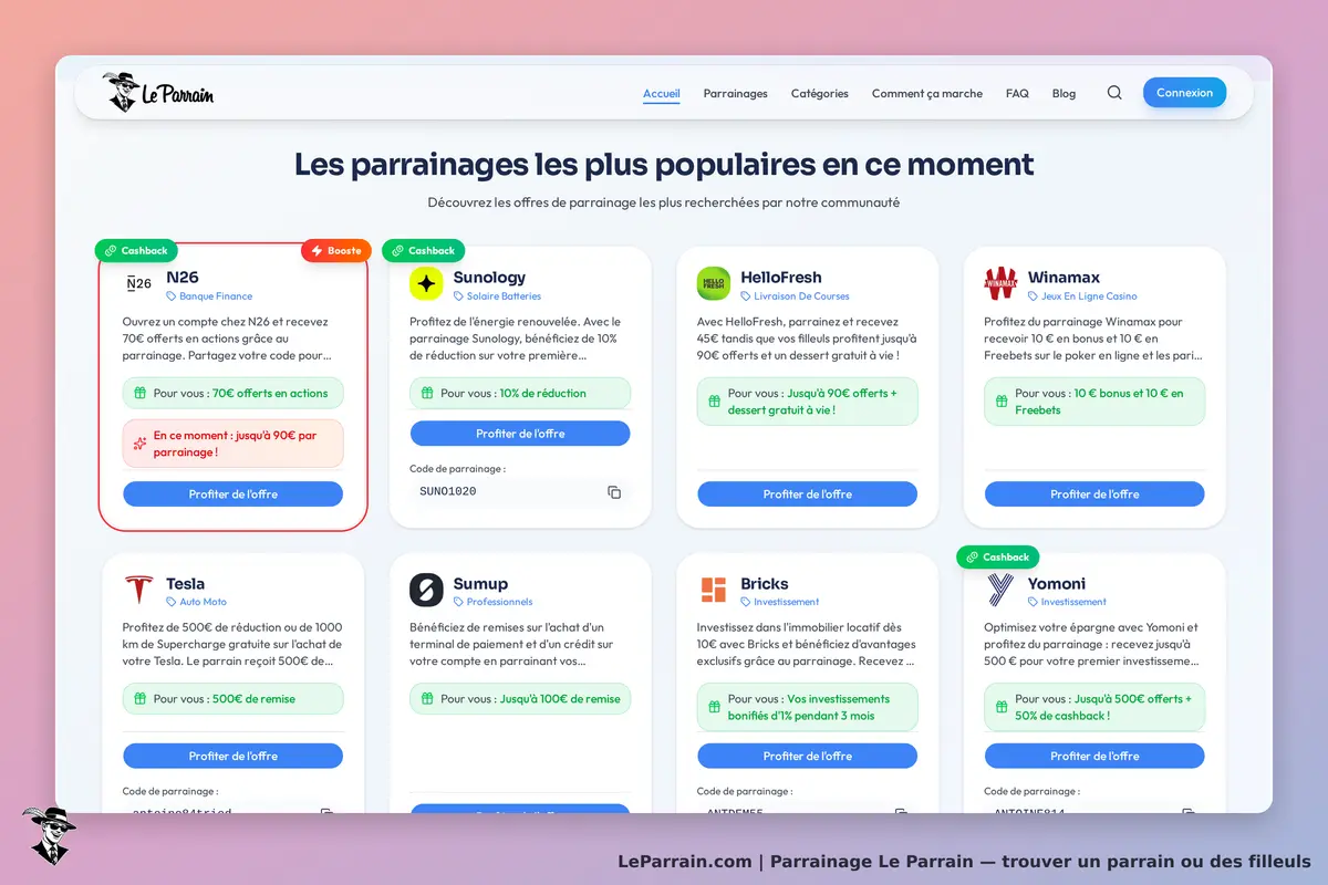 Offres de parrainage populaires sur Le Parrain, incluant cashback et réductions.