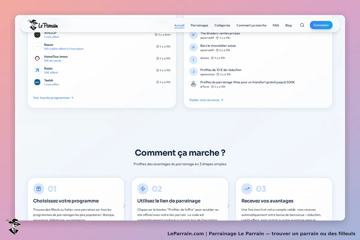 Page d'accueil du site Le Parrain avec programmes de parrainage et étapes d'inscription.