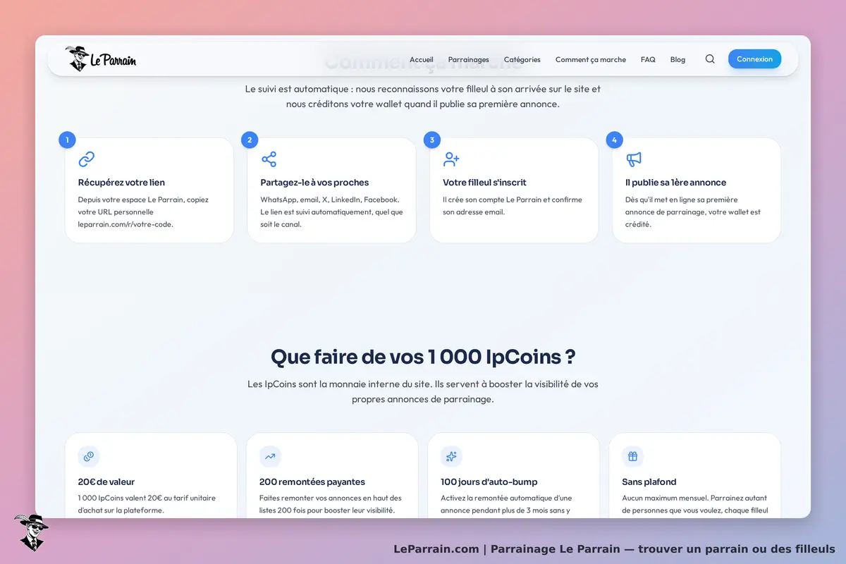 Interface du site Le Parrain, étapes de parrainage et utilisation des IpCoins.